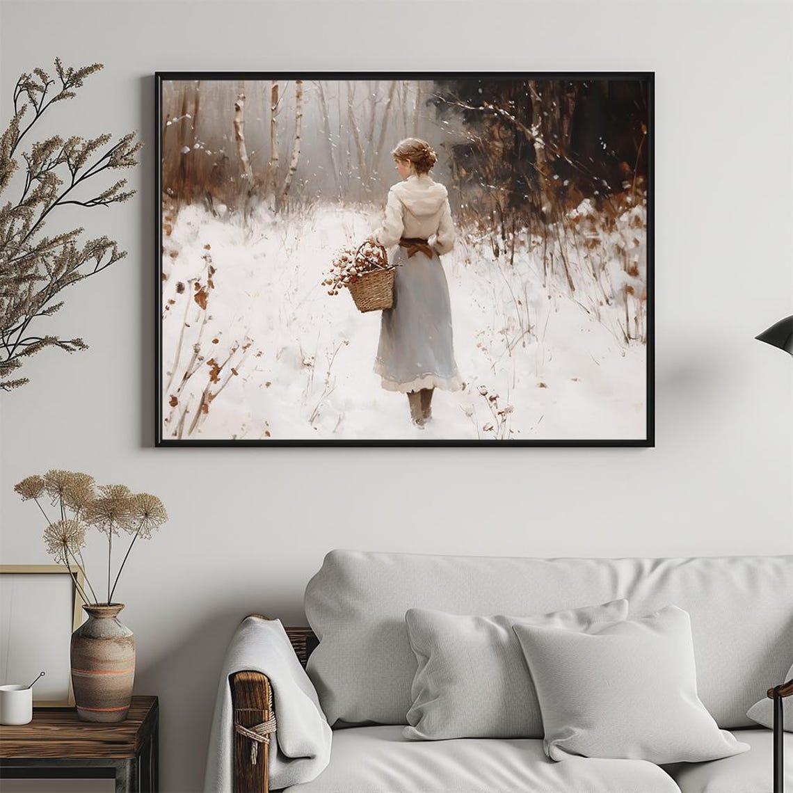 Woman with Basket in Snowy Winter Birch Forest Vintage Painting Poster - Image 5