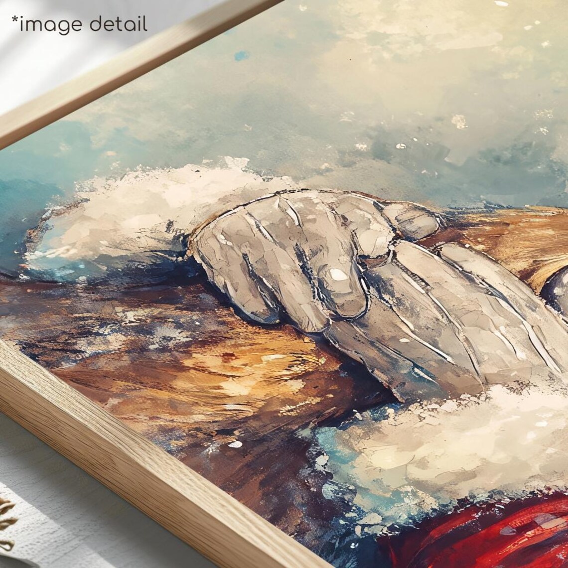 Santa Claus Hugging Red Nosed Reindeer Festive Oil Painting Poster - Image 4