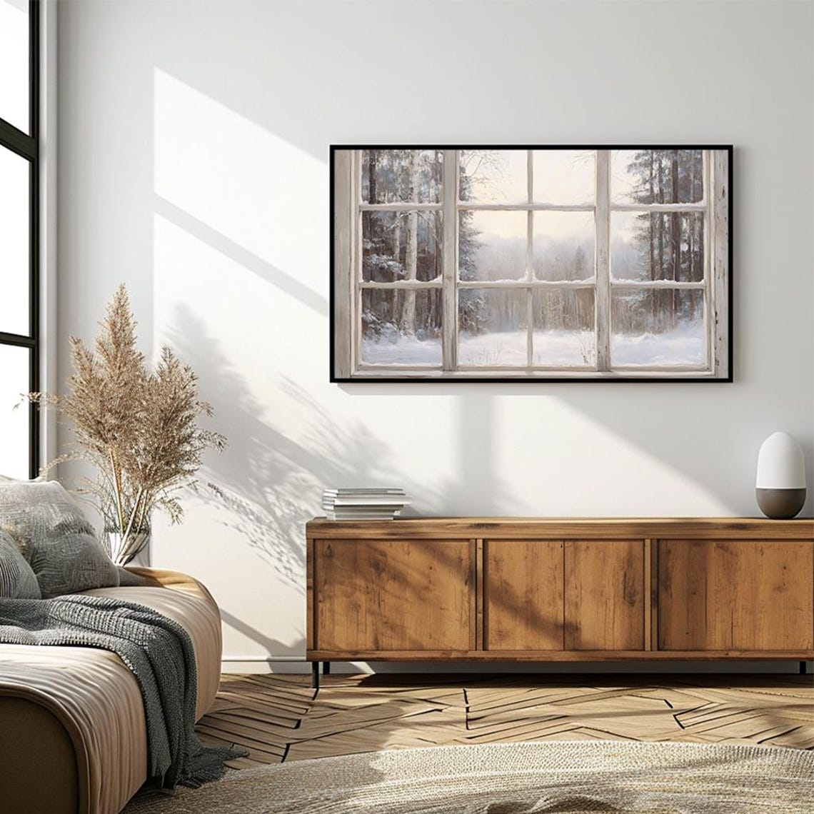 Serene Winter Scene through Rustic Window Snowy Pines Poster - Image 4