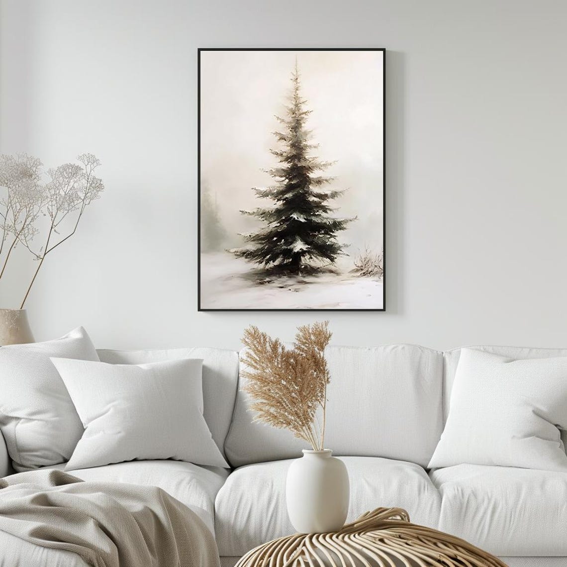 Lone Pine Tree In Misty Snow Minimalist Winter Watercolor Poster - Image 5