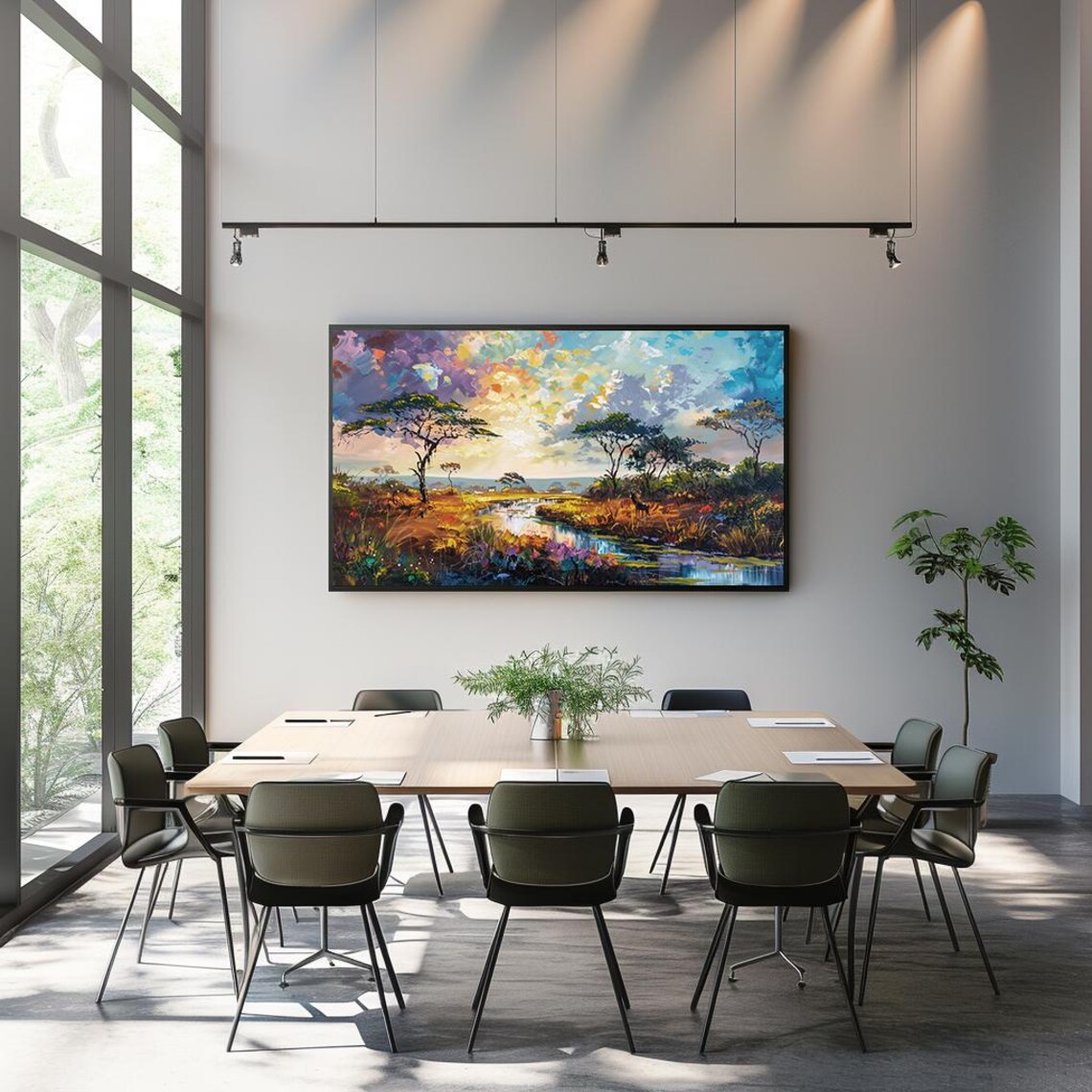 African Savanna Sunset Acacia Trees River Impasto Oil Painting Poster - Image 4
