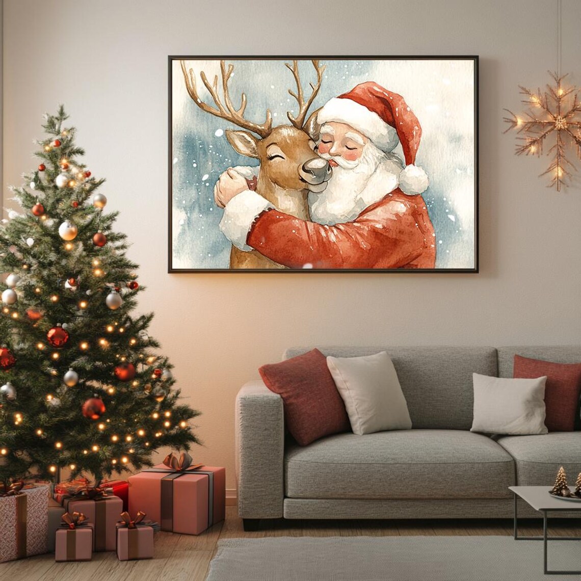 Santa Claus Hugging Reindeer Watercolor Festive Christmas Poster - Image 5
