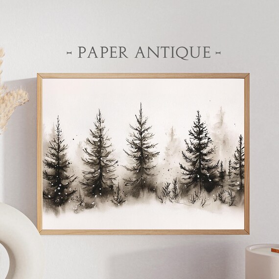 Black Ink Pine Trees Winter Watercolor Minimalist Forest Poster