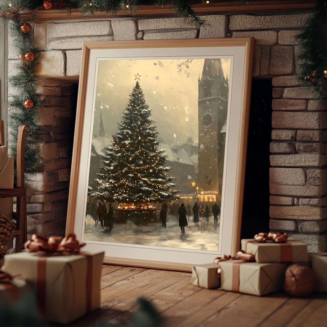 Christmas Tree in Town Square Snowy Evening Oil Painting Poster - Image 3