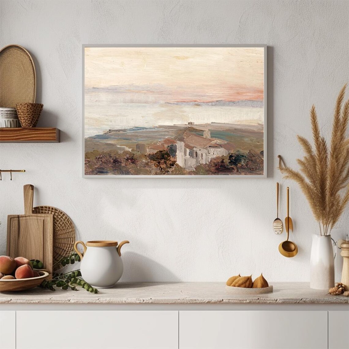 Coastal Village Rooftops Sunset Pastel Seascape Oil Painting Poster - Image 4