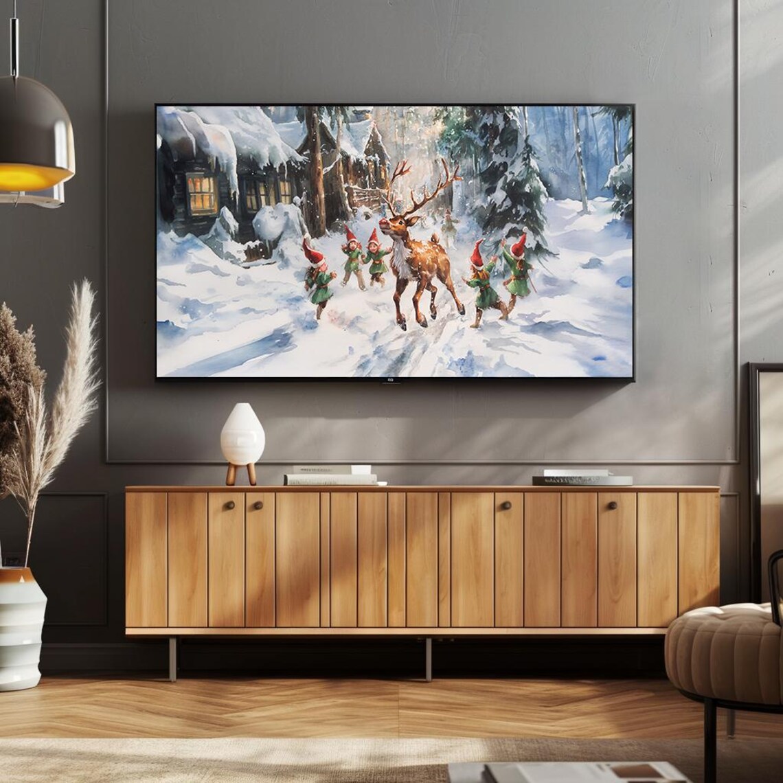 Reindeer and Elves in Snowy Forest Watercolor Christmas Poster - Image 4