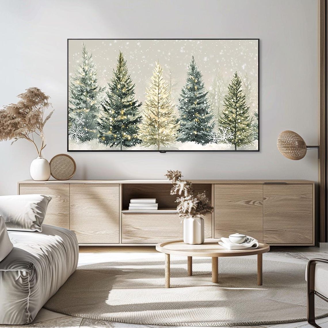 Snowy Pine Forest Watercolor With Twinkling Lights Art Poster - Image 5