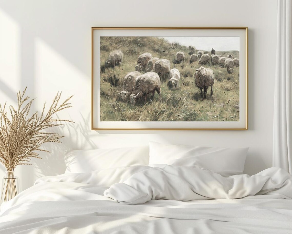 Pastoral Sheep Grazing Field Shepherd Vintage Oil Painting Poster - Image 2