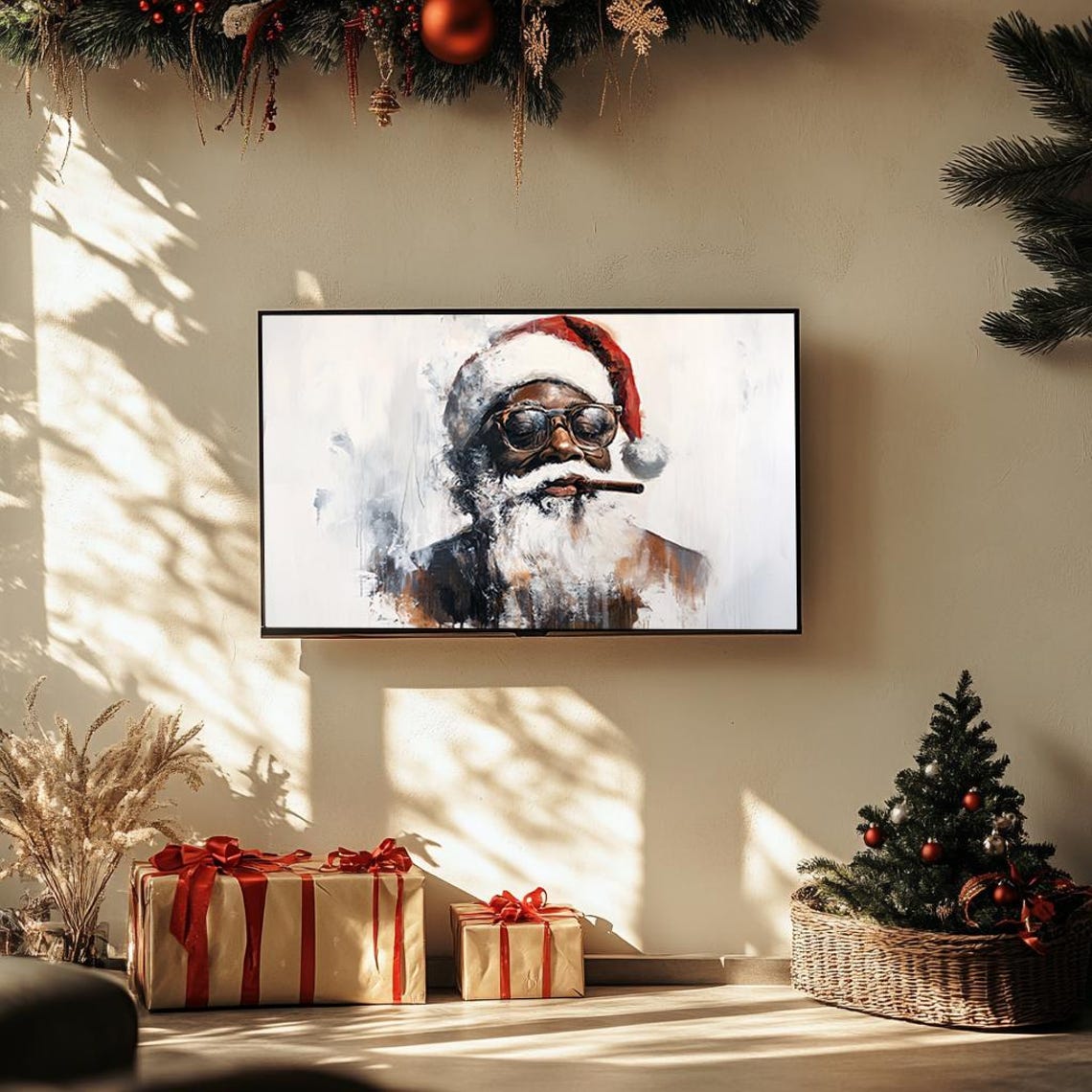 Cool Santa Sunglasses Cigar Modern Watercolor Christmas Poster - Image 3