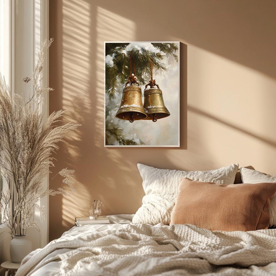 Antique Brass Christmas Bells Hanging From Snowy Pine Branch Poster