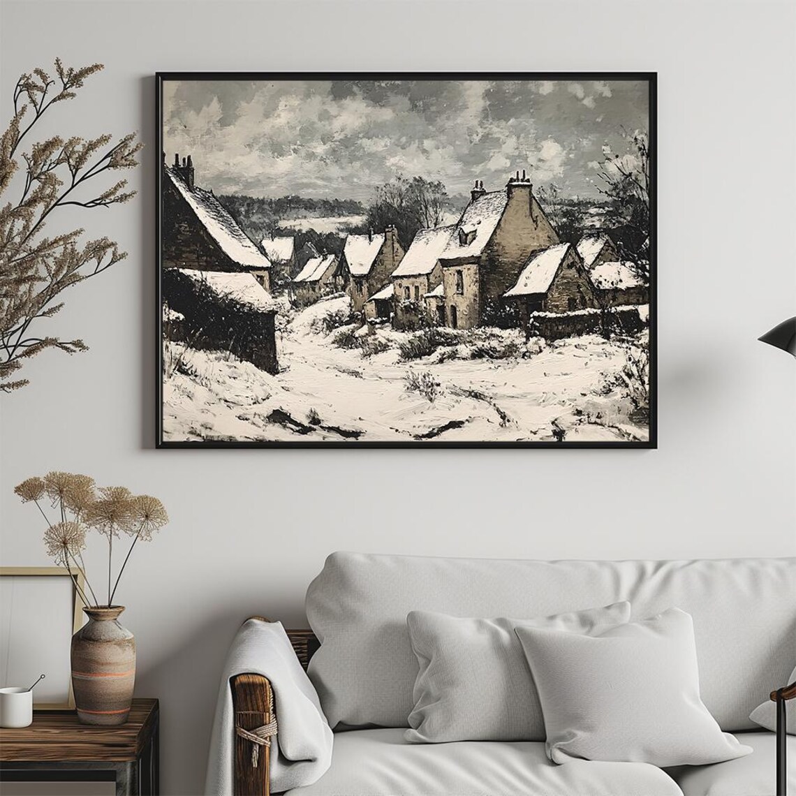 Snowy Village Monochrome Stone Cottages Winter Painting Poster - Image 5