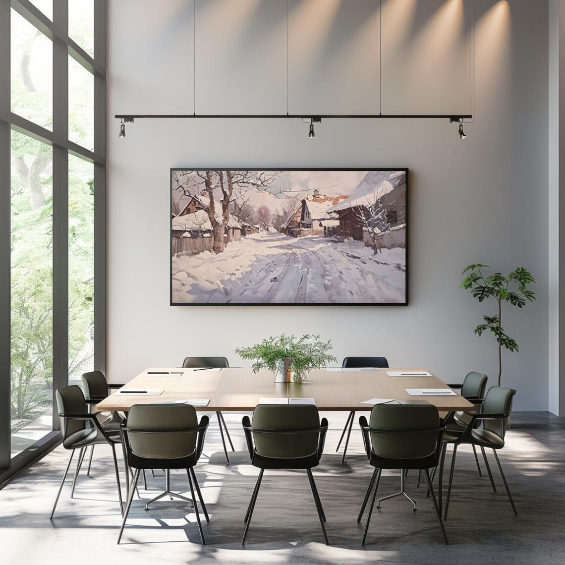 Quiet Snowy Village Street on a Winter Morning Cottage Art Poster - Image 3