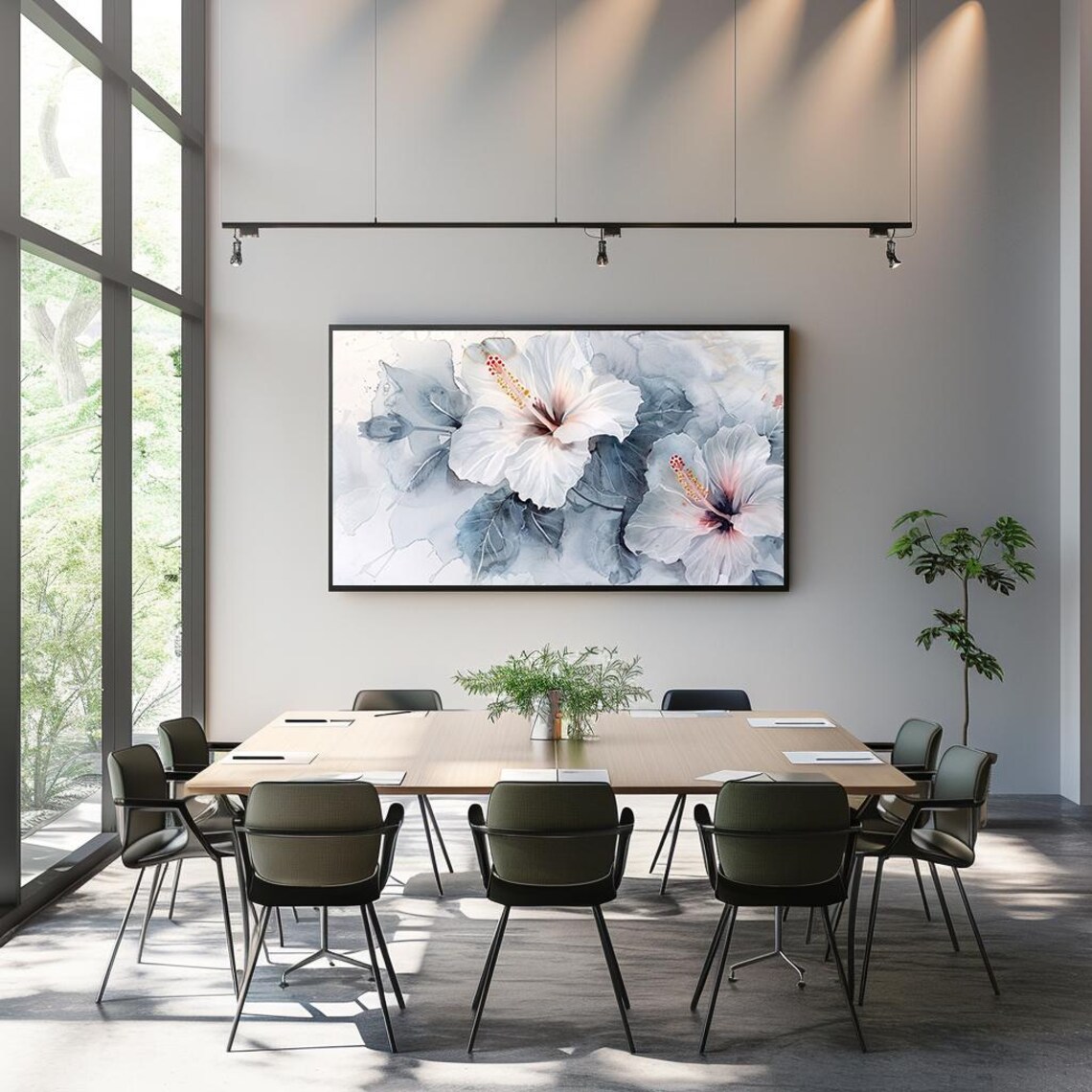 White Hibiscus Ink Wash Painting Blue Grey Floral Art Poster - Image 3