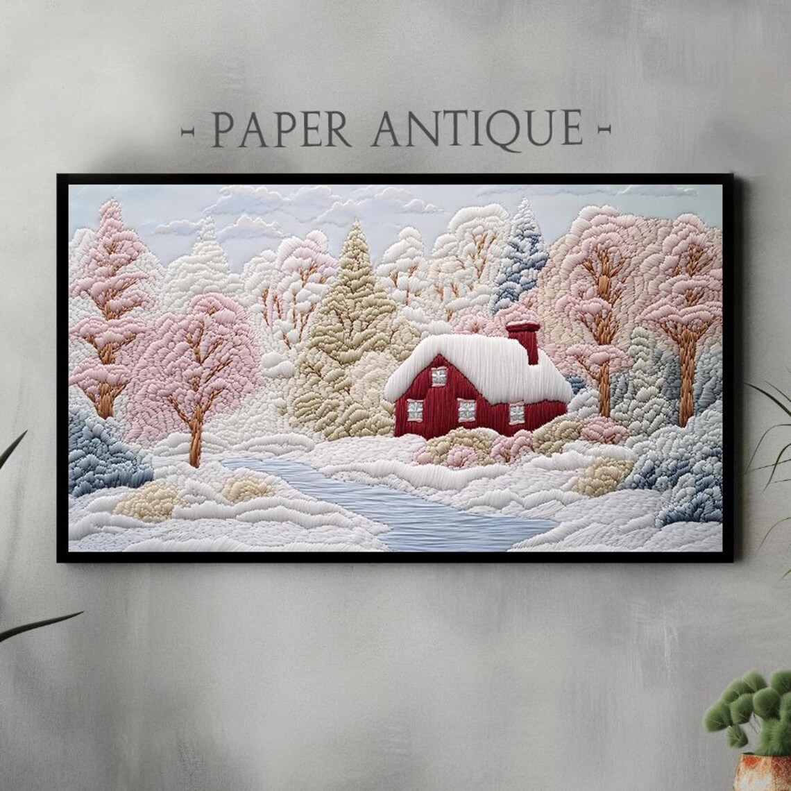 Cozy Winter Cabin Embroidery Style Scenic Snowy Landscape Poster