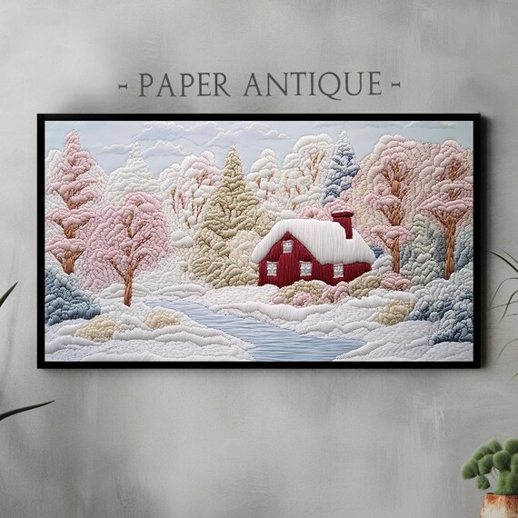 Cozy Winter Cabin Embroidery Style Scenic Snowy Landscape Poster