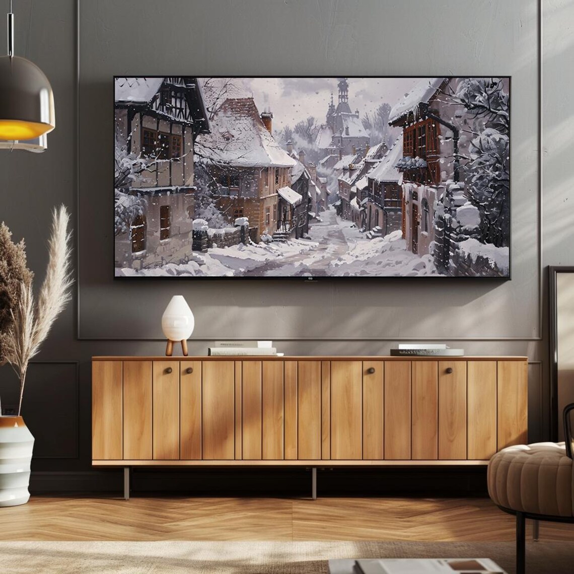 Snowy European Old Town Street Half Timbered Winter Painting Poster - Image 2