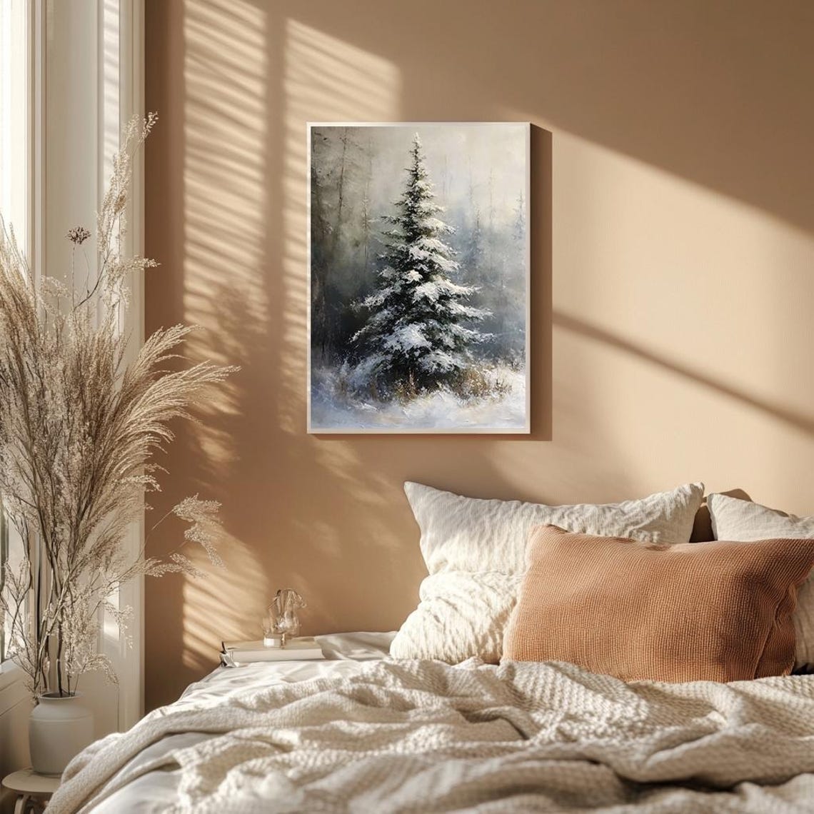 Snowy Pine Tree in Misty Winter Forest Oil Painting Christmas Poster