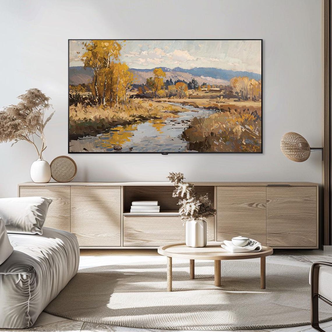 Calm Autumn River Valley with Golden Trees Mountain Scene Poster - Image 5