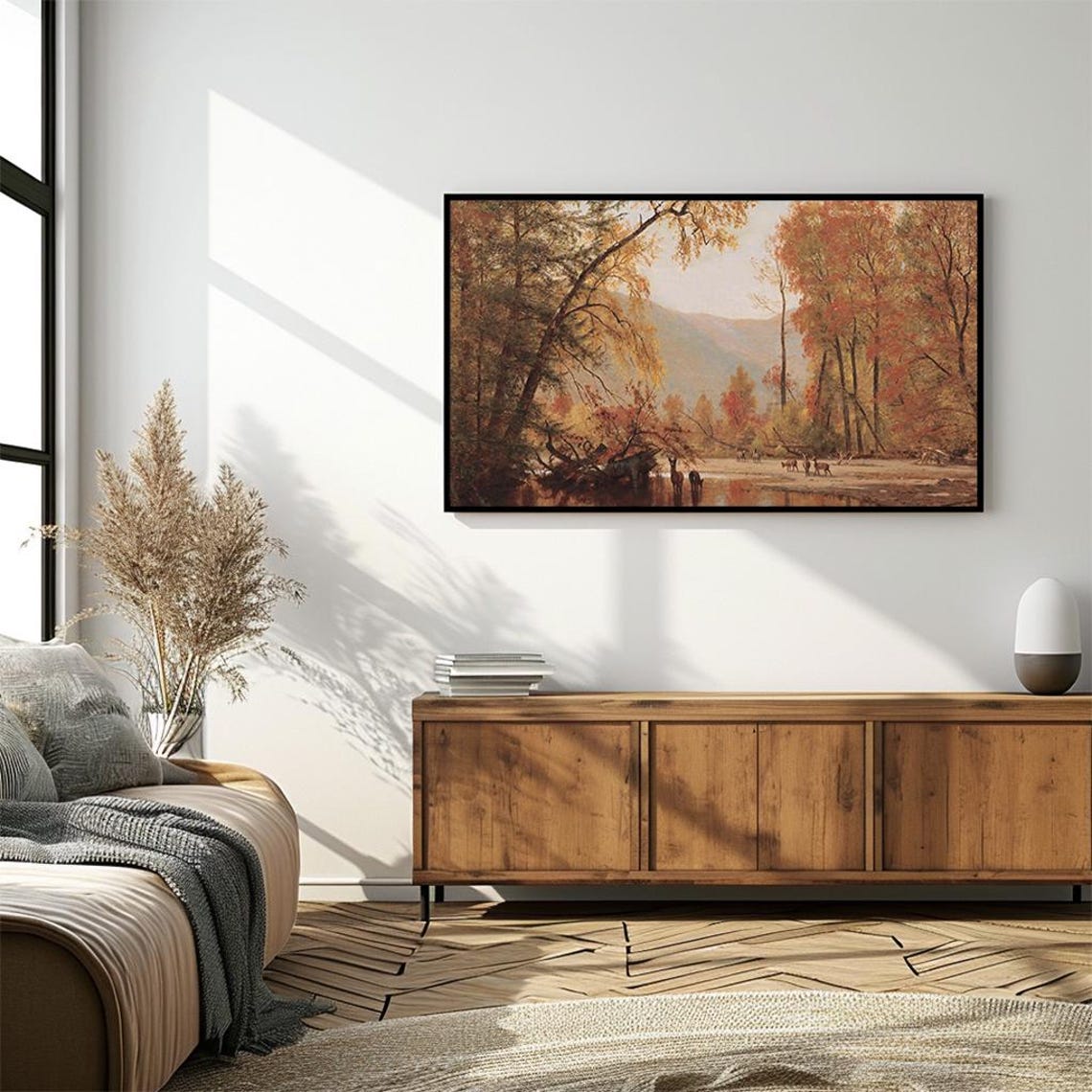 Deer Herd Autumn Riverbank Vintage Fall Wildlife Painting Poster - Image 4