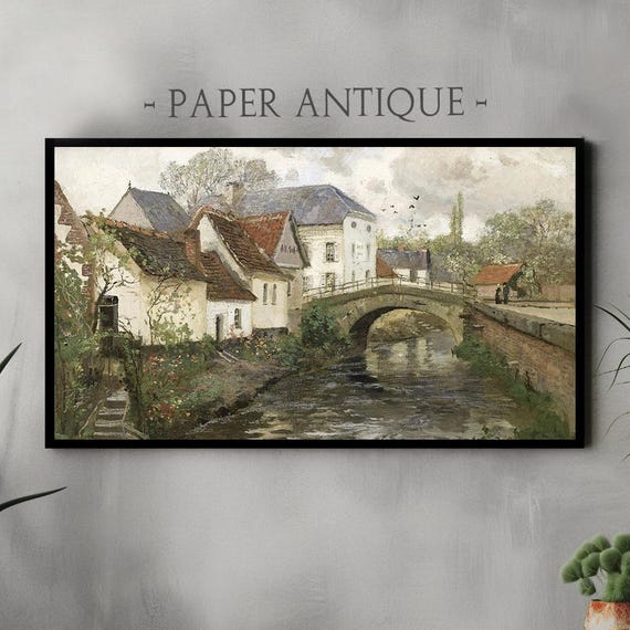 Frame Tv Art Charming Village By The River Oil Painting Rustic Bridge And Countryside Cottages Vintage Landscape For Frame Tv