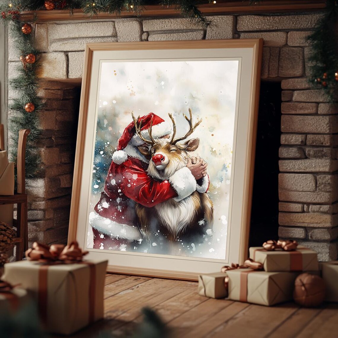 Santa Claus Hugging Reindeer Heartwarming Christmas Scene Poster - Image 3