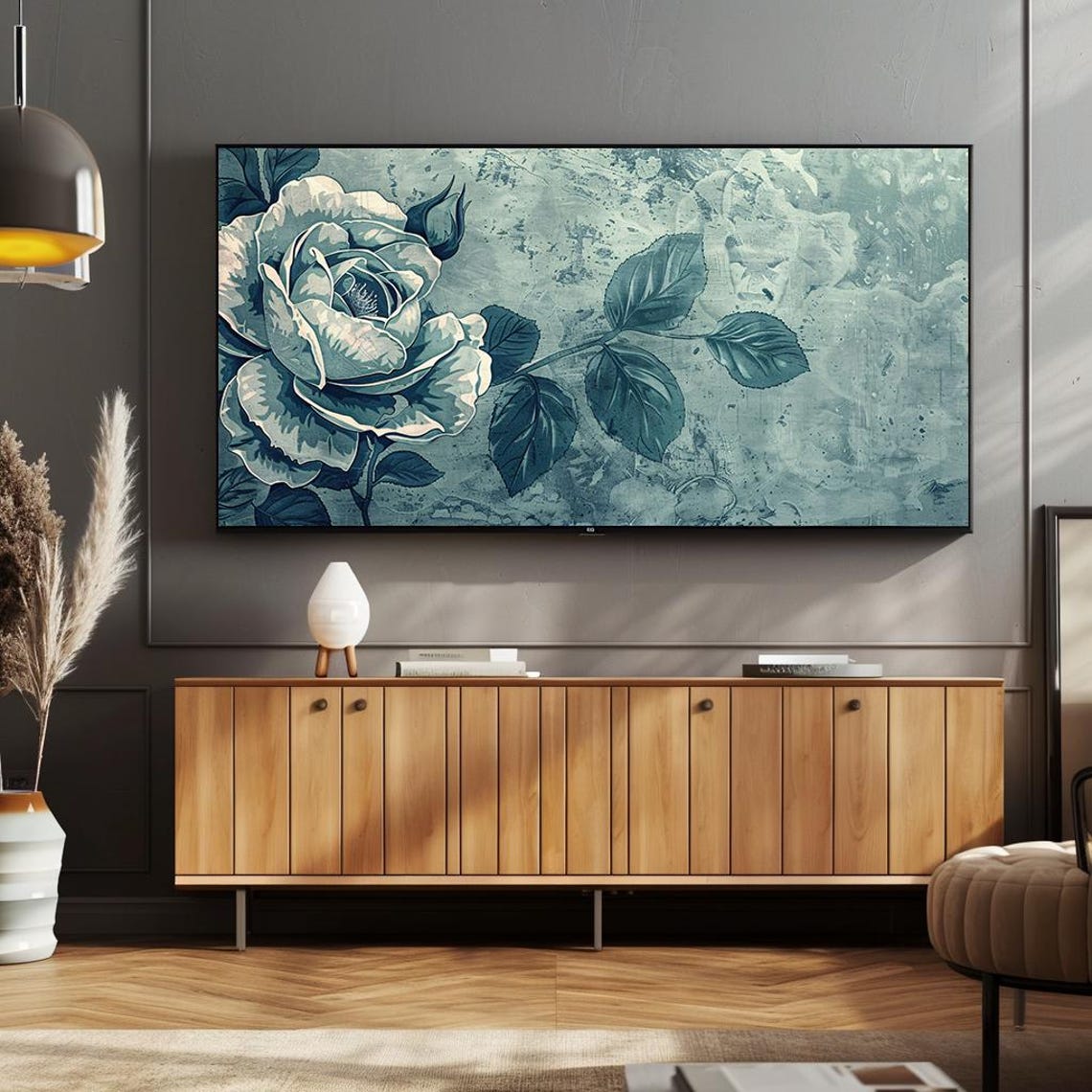 Teal Blue Rose Monochrome Vintage Floral Study Design Poster - Image 2