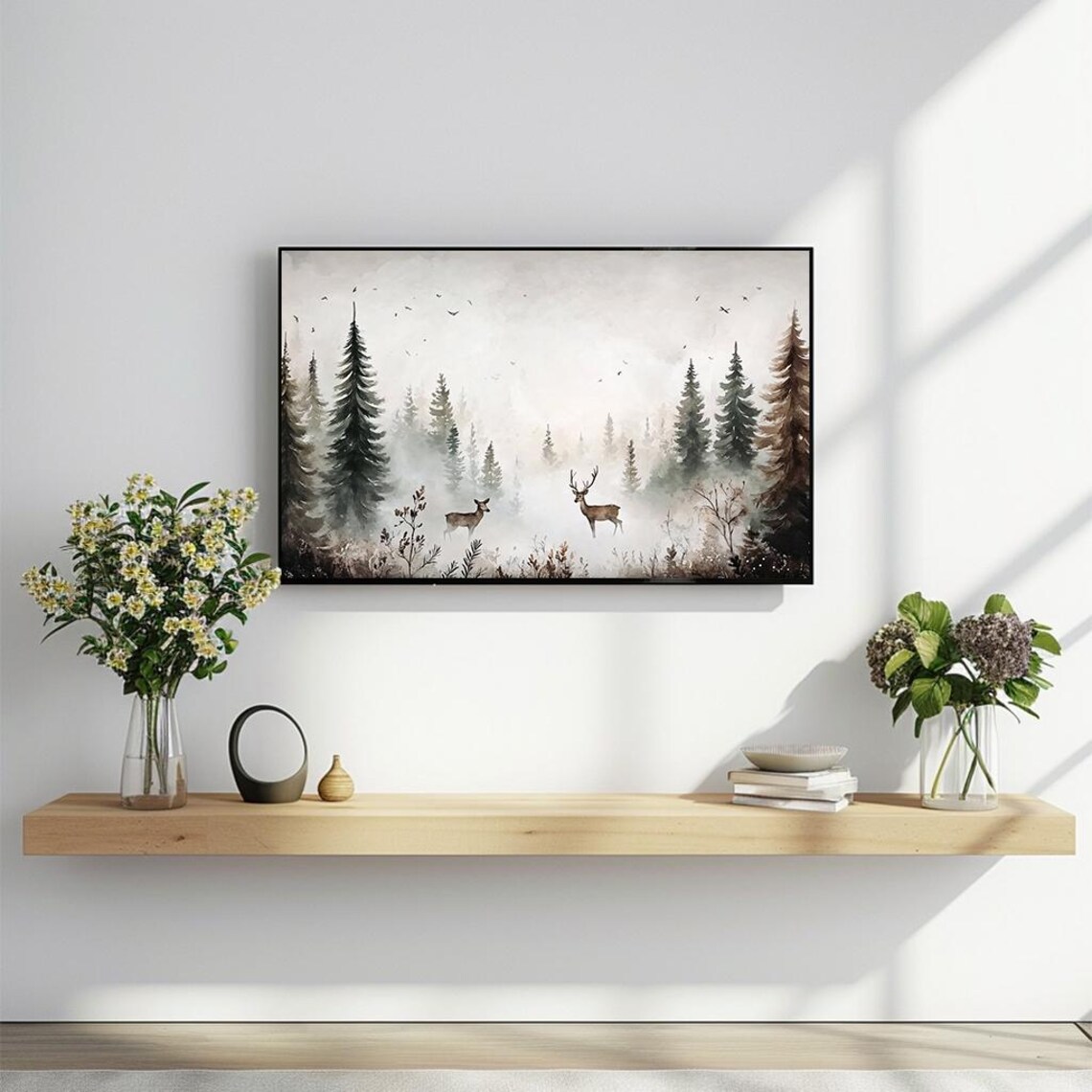 Deer Pair in Misty Pine Forest Watercolor Wildlife Scene Poster - Image 2