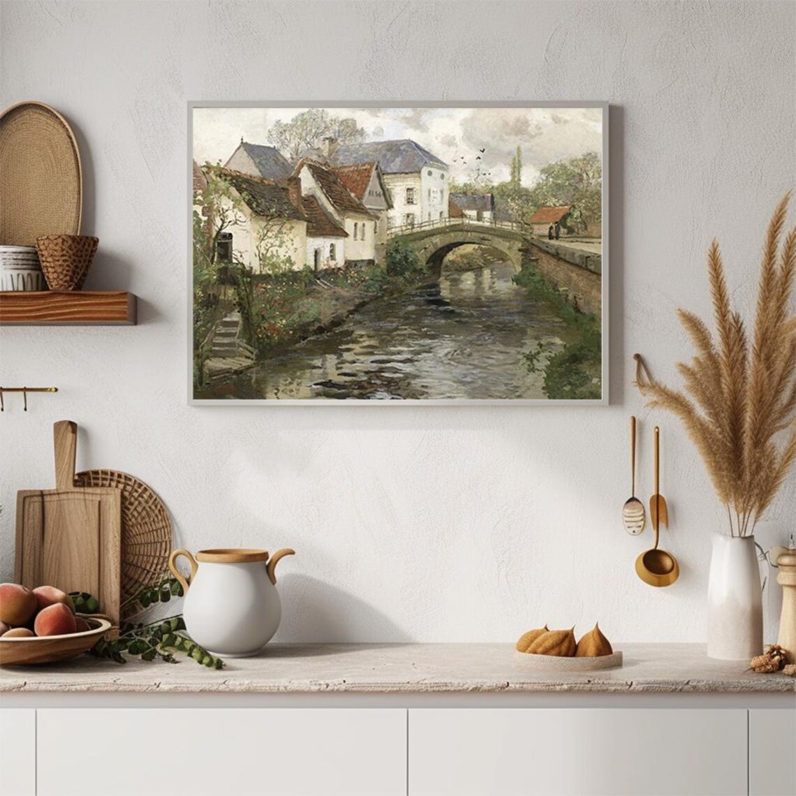 Charming Village Stone Bridge River Cottages Vintage Painting Poster - Image 4