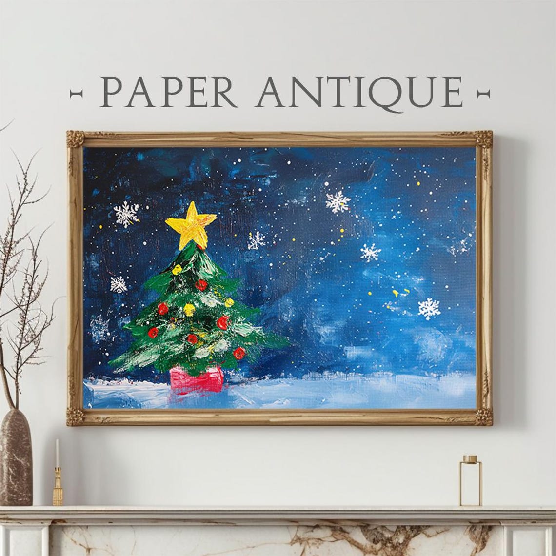 Painted Christmas Tree Under Starry Night Snowflakes Winter Poster
