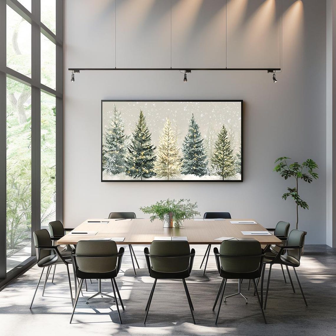 Snowy Pine Forest Watercolor With Twinkling Lights Art Poster - Image 3