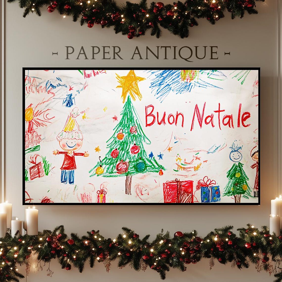 Buon Natale Kids Crayon Drawing Christmas Tree Festive Holiday Poster