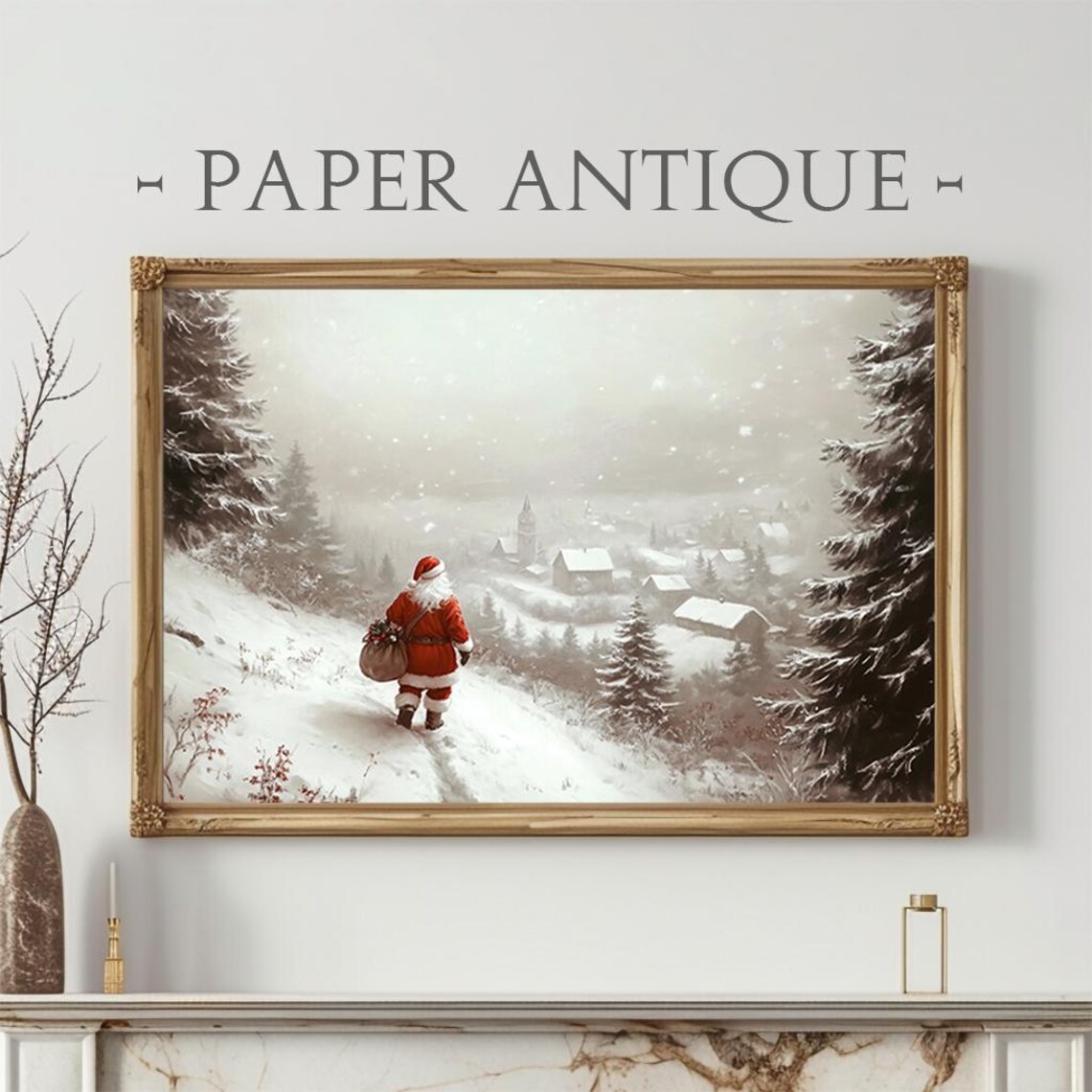Santa Claus Snowy Village Walk Vintage Christmas Landscape Poster