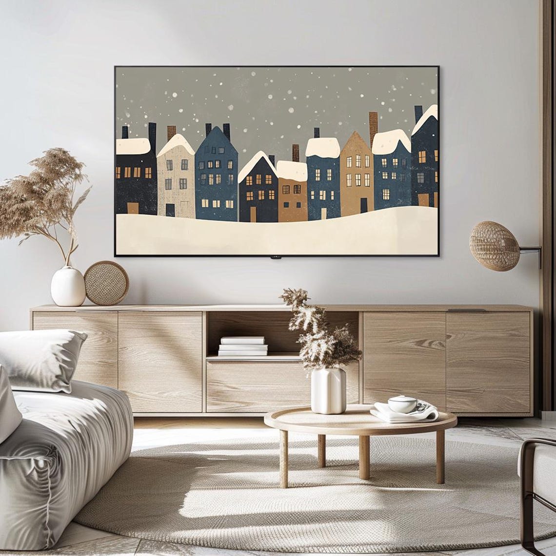 Minimalist Snowy Village Houses Flat Illustration Winter Wall Poster - Image 5