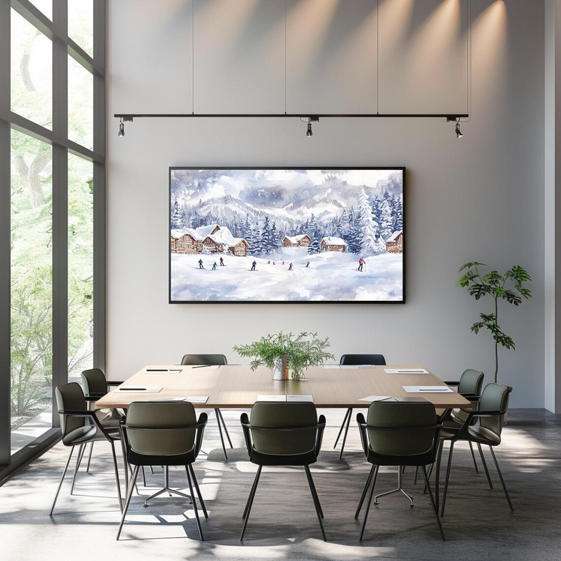 Skiers Mountain Chalets Watercolor Snowy Alpine Winter Scene Poster - Image 3
