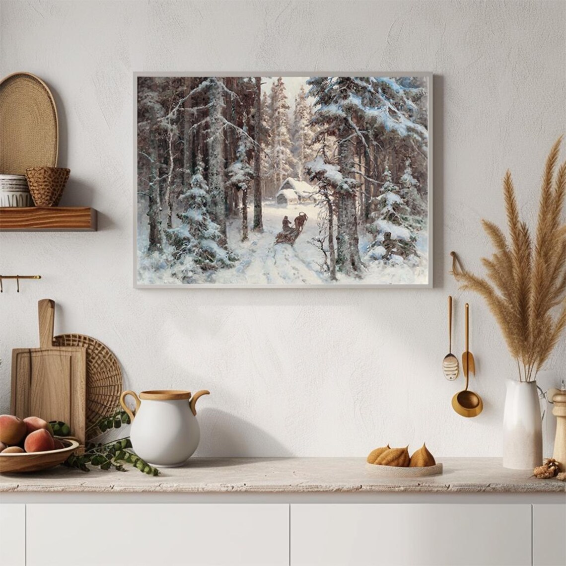 Snowy Forest Cabin Horse Sleigh Vintage Winter Landscape Poster - Image 4