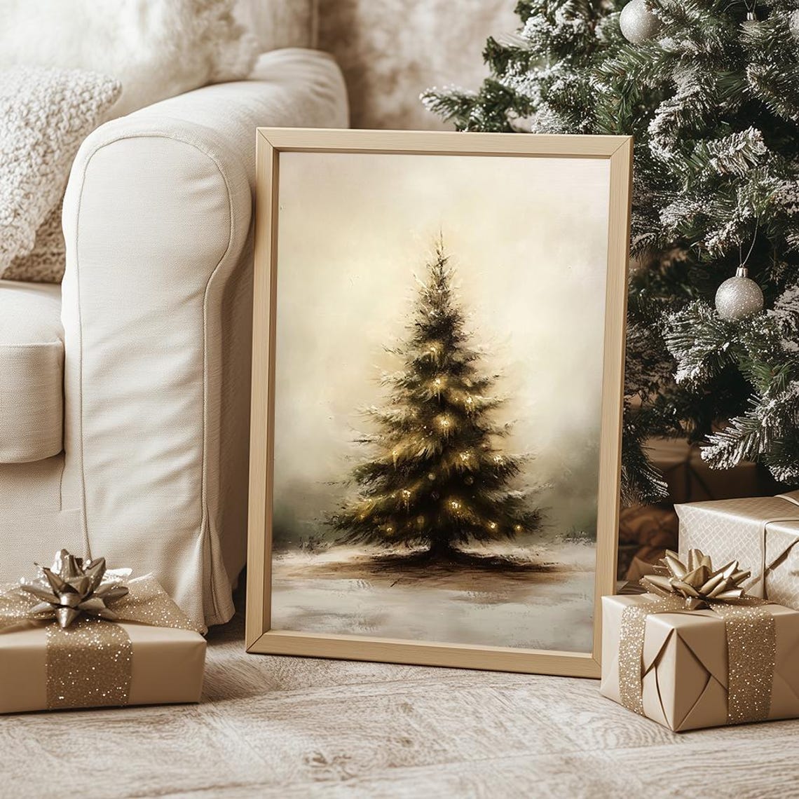 Minimalist Christmas Tree In Snow Neutral Winter Painting Poster - Image 5