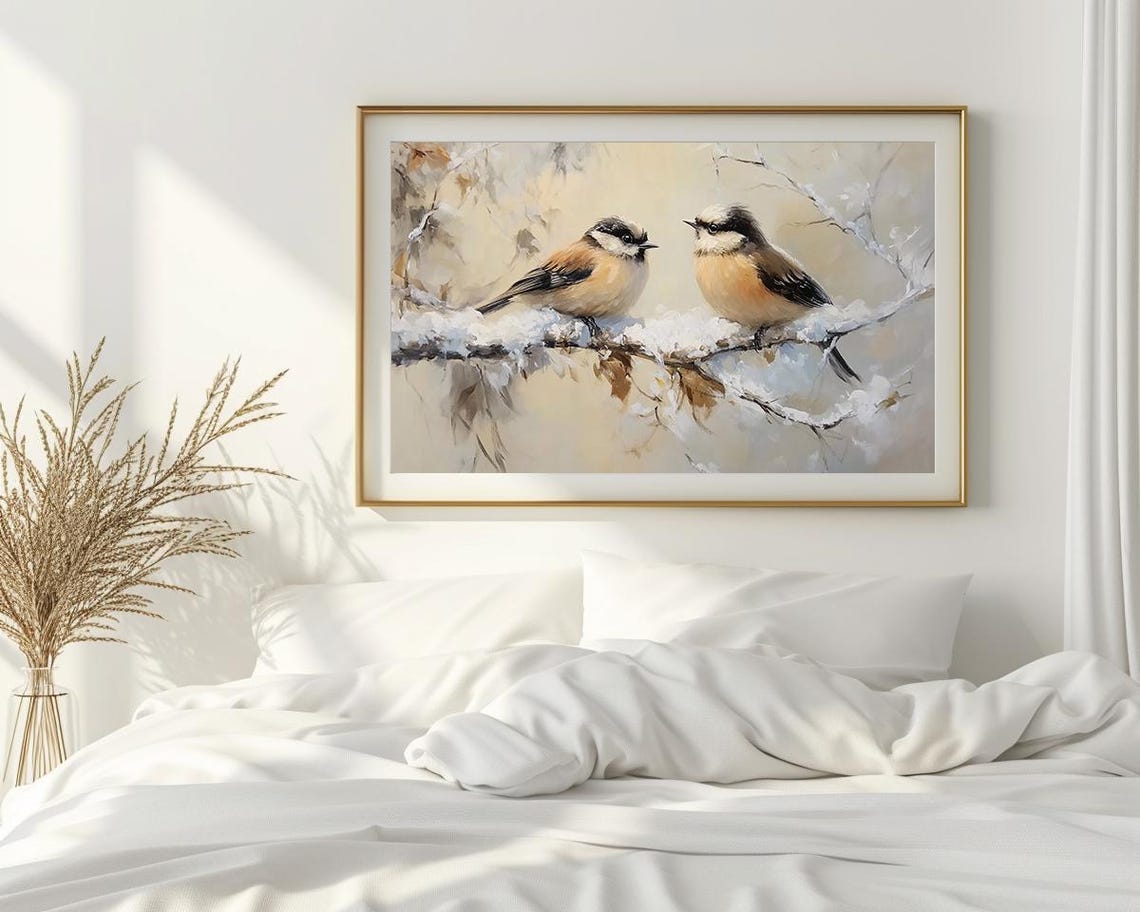 Songbirds Perched Snowy Branch Soft Winter Watercolor Art Poster - Image 2