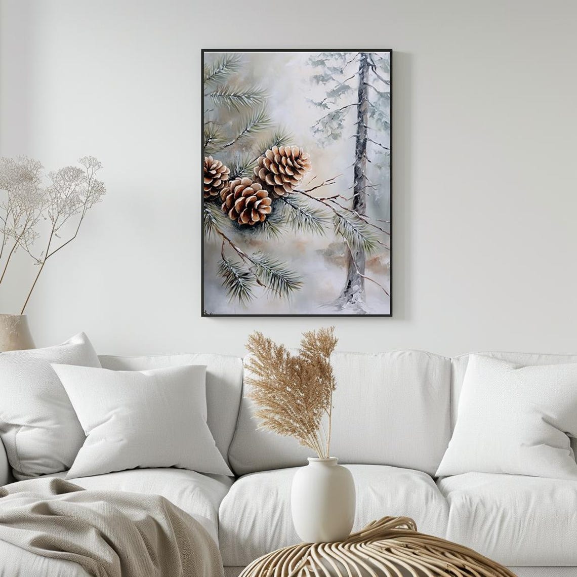 Pine Cones On Snowy Branch Winter Botanical Still Life Painting Poster - Image 4