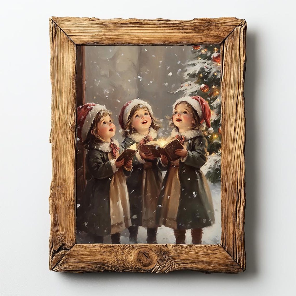 Three Children Caroling In The Snow Vintage Christmas Choir Poster