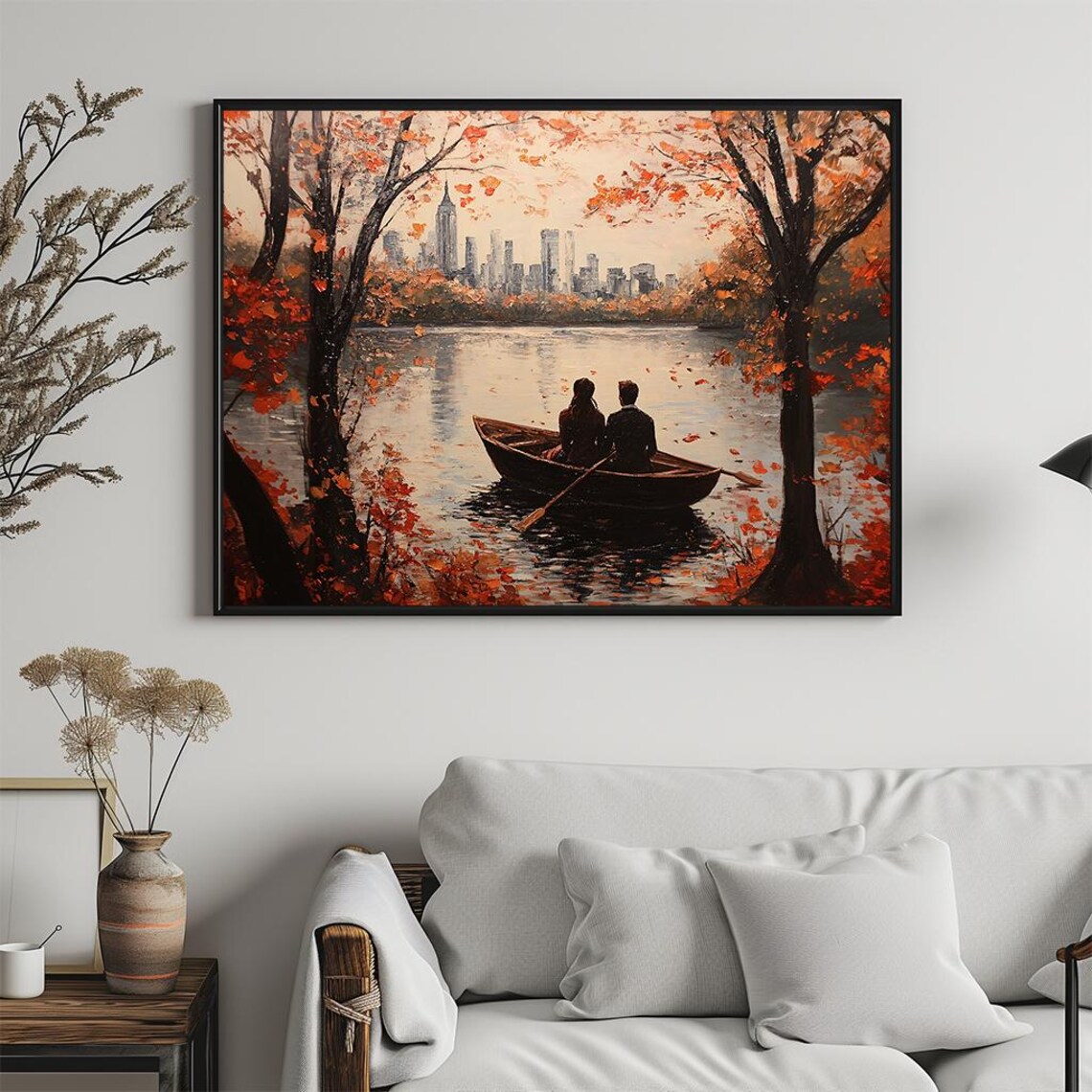 Couple in Rowboat Under Autumn Trees City Skyline Lake Poster - Image 5