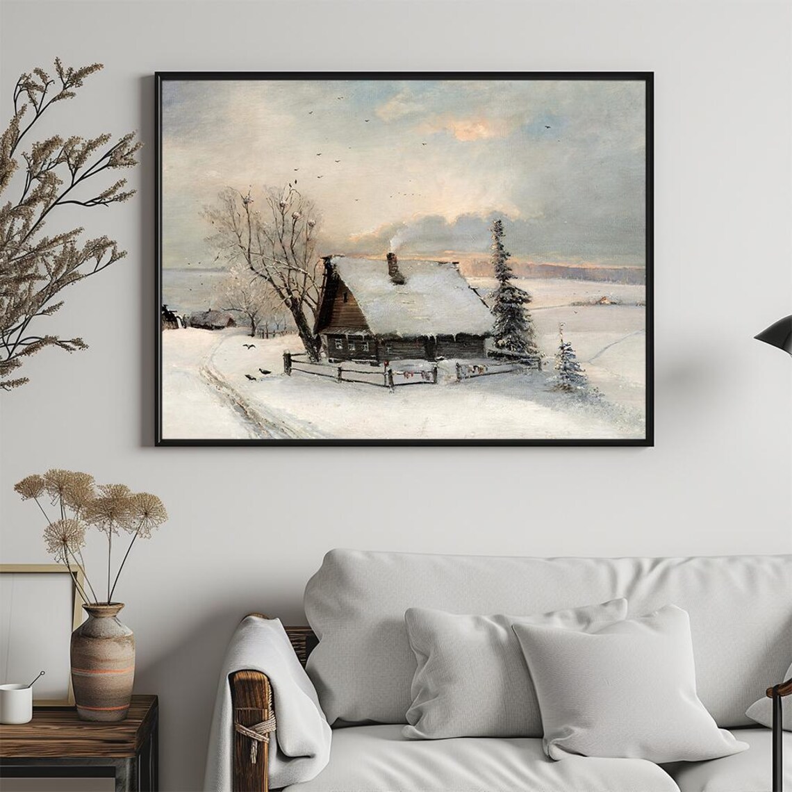 Snow Covered Cabin Chimney Smoke Winter Birds Vintage Painting Poster - Image 5