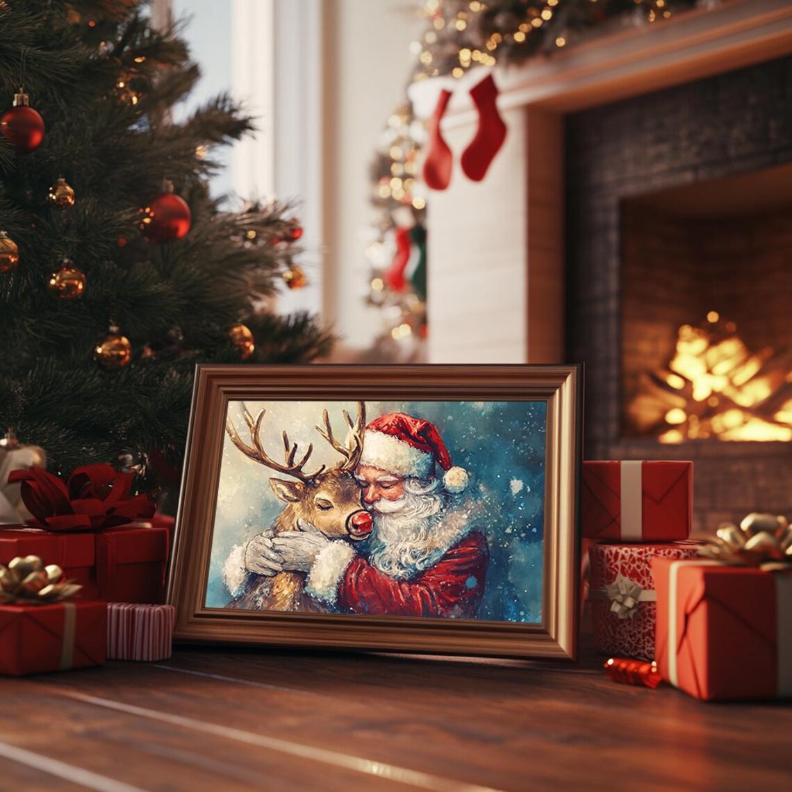 Santa Claus Hugging Red Nosed Reindeer Festive Oil Painting Poster - Image 3