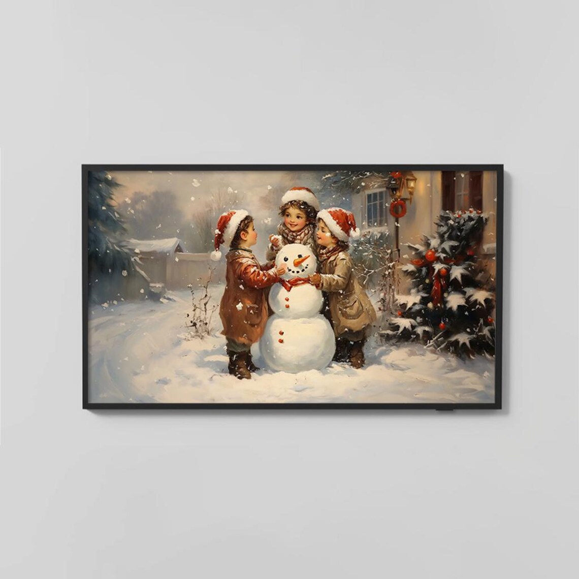 Children Building Snowman Vintage Cozy Christmas Painting Poster - Image 2