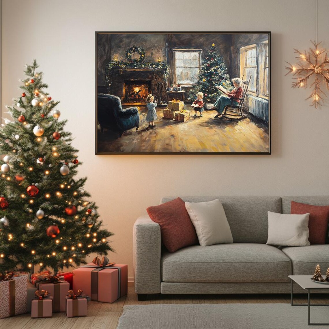 Grandmother Reading to Children by Fireplace Christmas Evening Poster - Image 5