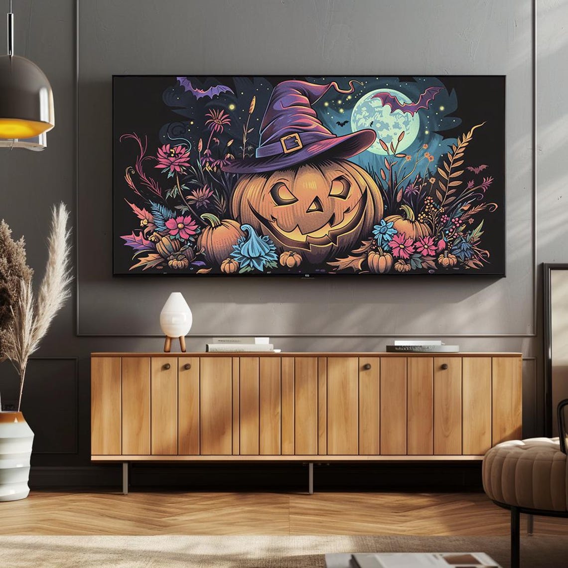 Halloween Pumpkin in Witch Hat Moonlight Gothic Floral Poster - Image 3