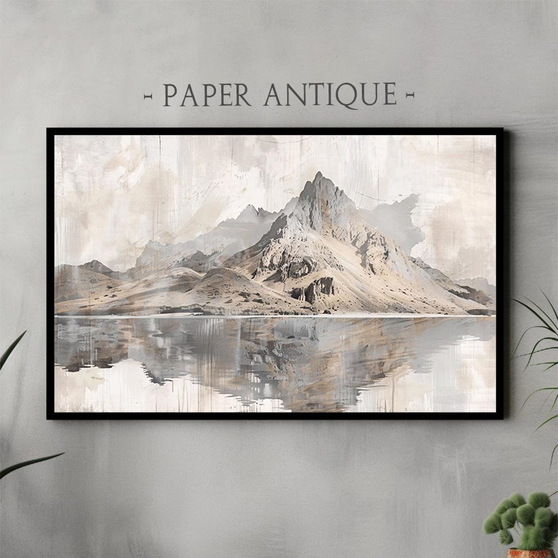 Neutral Beige Mountain Reflection Calm Water Minimalist Poster