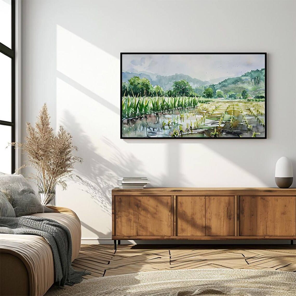 Rice Paddy Watercolor Green Fields Misty Mountains Landscape Poster - Image 4