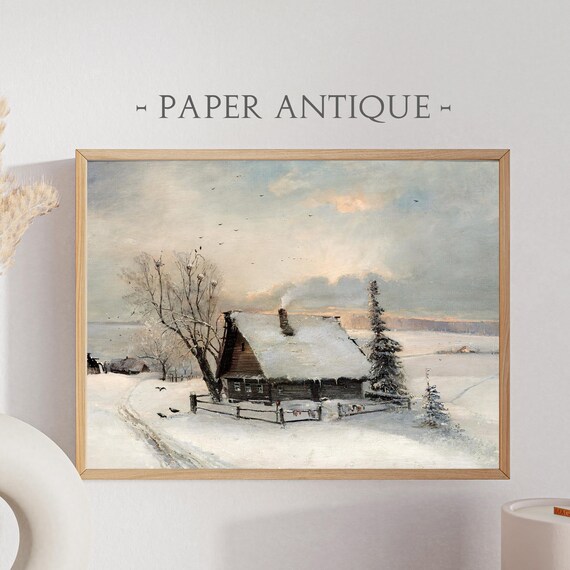Snow Covered Cabin Chimney Smoke Winter Birds Vintage Painting Poster