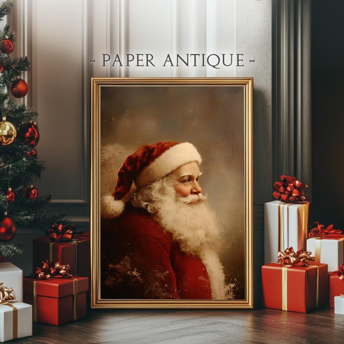 Santa Claus In Red Suit Profile Portrait Moody Vintage Painting Poster