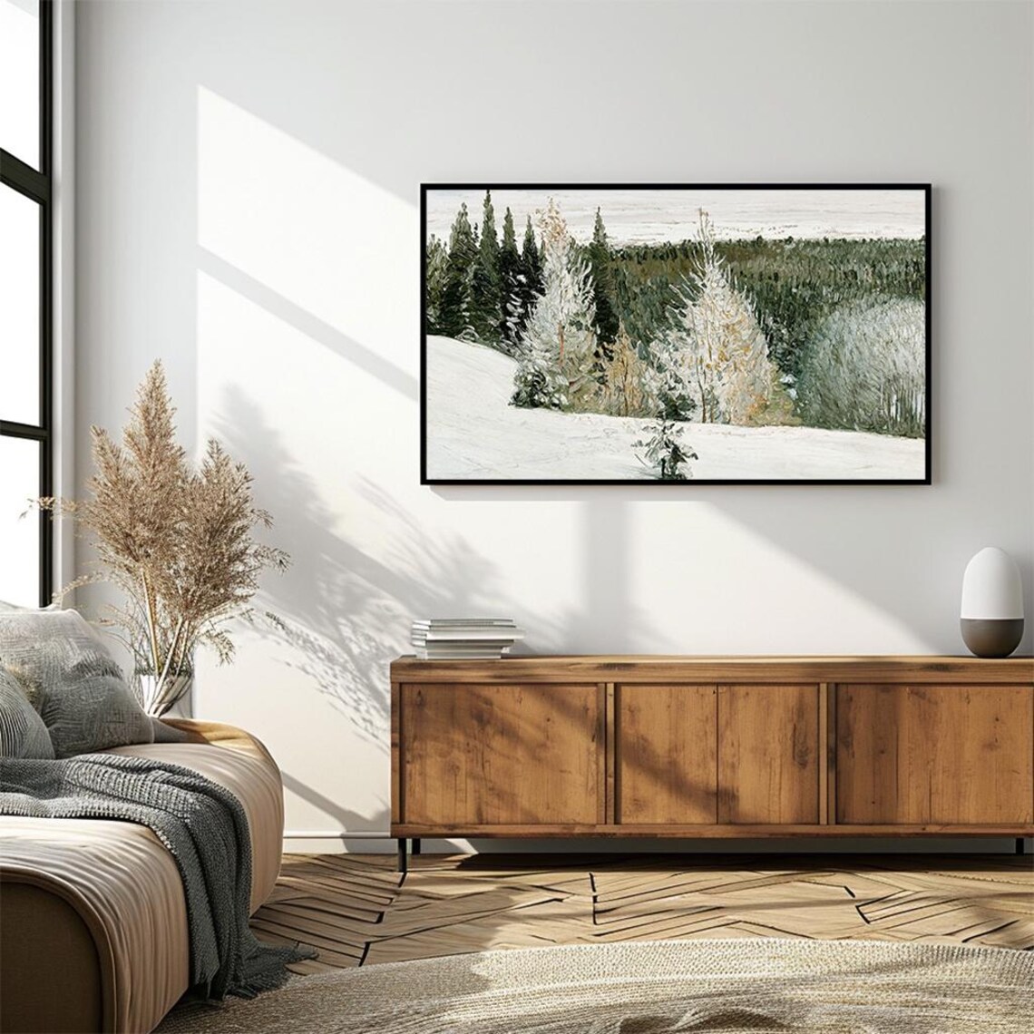 Snowy Winter Pine Forest Vintage Cold Landscape Oil Painting Poster - Image 4